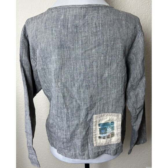 Odille Linen Top XS Gray Abstract Geometric Bohemian Button Down Oversized - Picture 4 of 11